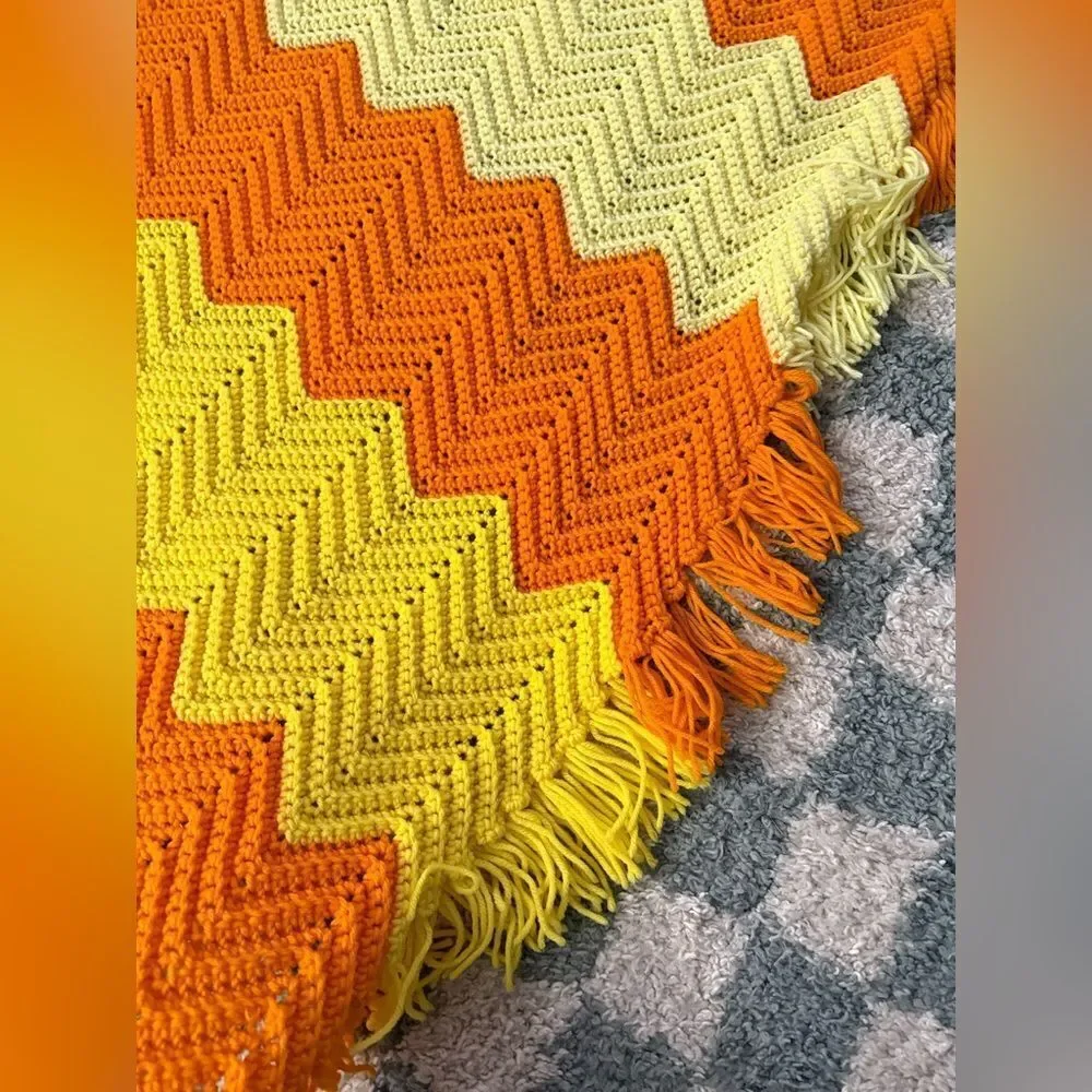 VTG Crochet Afghan Chevron Handmade Sunshine Retro Boho Fringe Orange Yellow L
